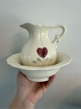 Vintage Cream Ceramic Pitcher and Wash Basin Set with Red Heart Accent